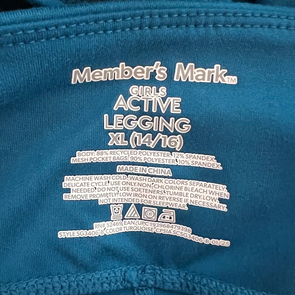 Member's Mark Girls Active Leggings XL 14/16 Turquoise Pockets SG3406-B NEW - Picture 5 of 7